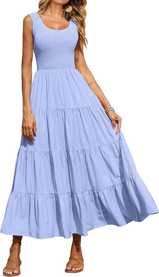 Women's Casual Loose Plain Maxi Sundress Smocked Tank Dress Sleeveless Summer Beach Tiered Long Dresses