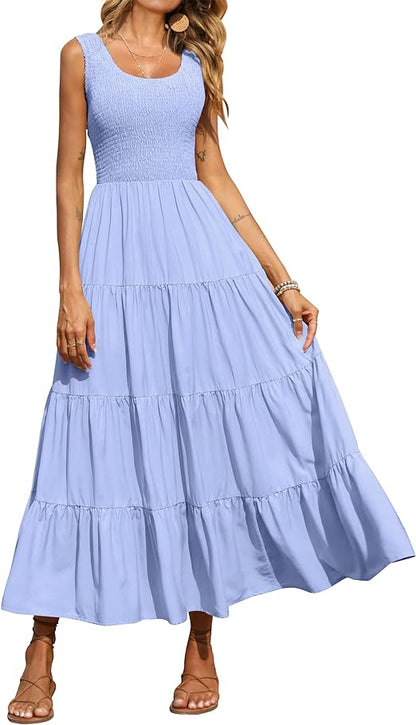 Women's Casual Loose Plain Maxi Sundress Smocked Tank Dress Sleeveless Summer Beach Tiered Long Dresses